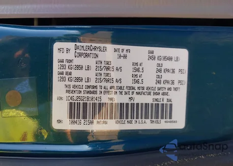 2001 Chrysler Voyager из США, поврежденный, VIN 1C4GJ25G21B101415